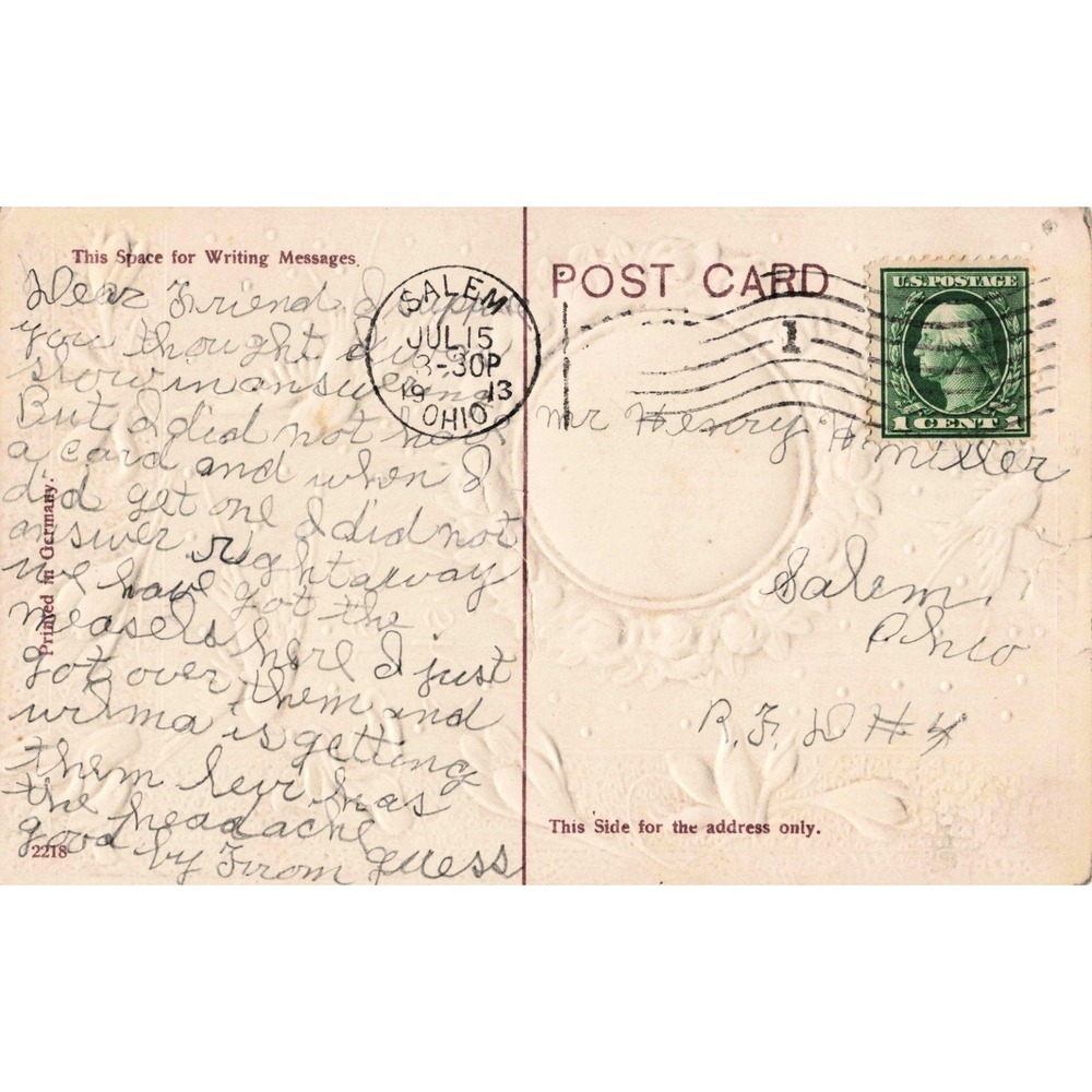Antique Embossed Postcard Best Wishes Swallows Birds Roses Cottage Sunset 1913 - Picture 2 of 2